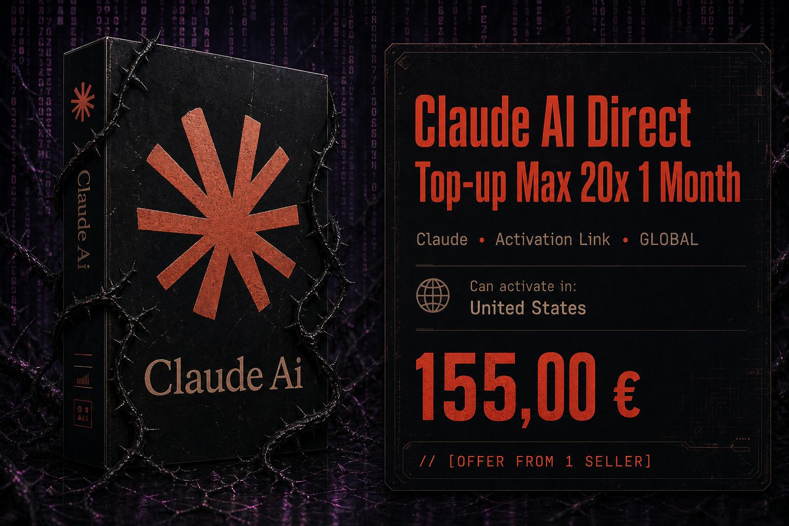 Claude AI Direct Top-up Max 20x 1 Month — Claude, Activation Link, GLOBAL — 155,00 Euro — // [OFFER FROM 1 SELLER]